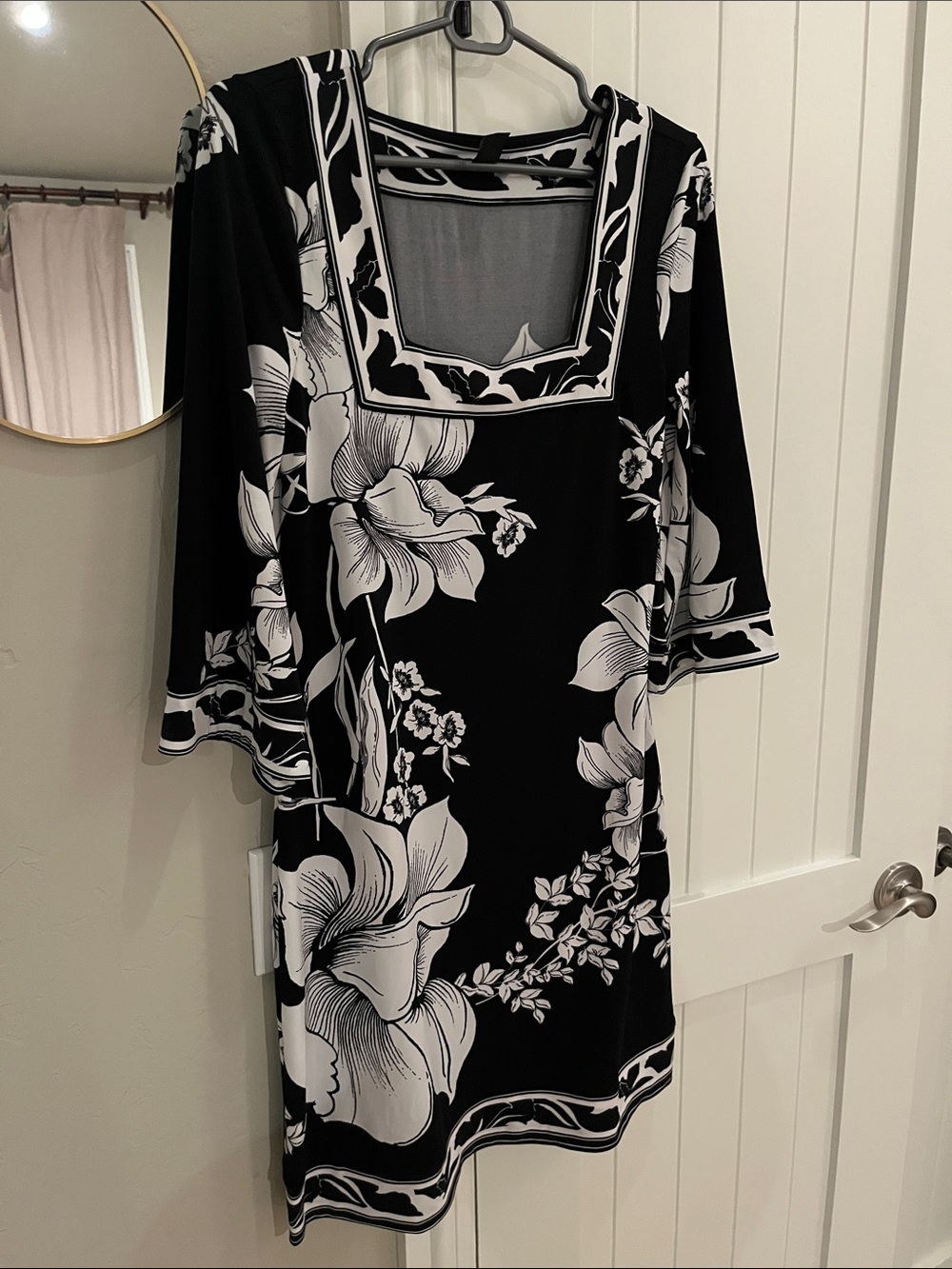 White House Black Market Black and White Floral Square-Neck Dress